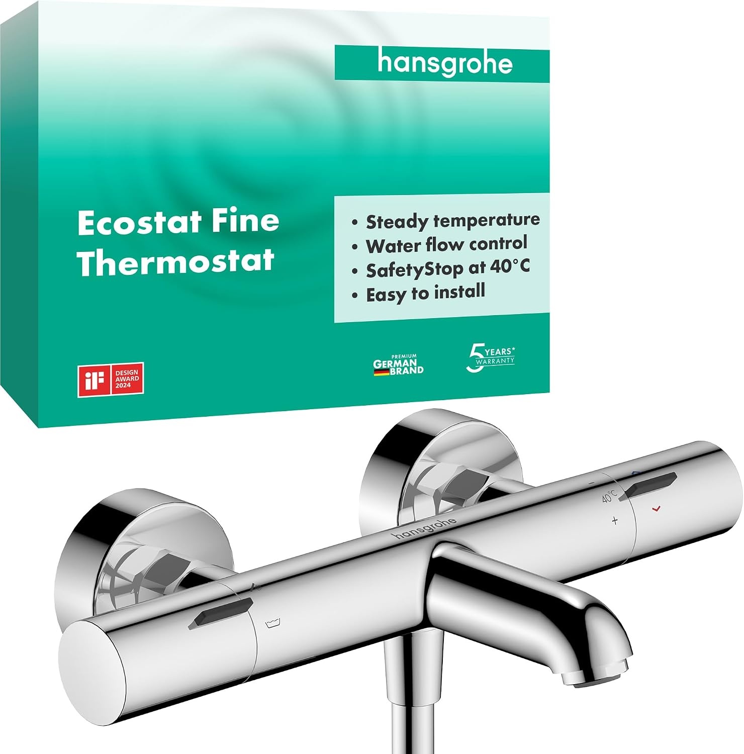 hansgrohe Ecostat Fine - Badthermostaat opbouw, Badkraan met veiligheidsblokkering (SafetyStop) bij 40° C, thermostaat voor de badkuip, mengkraan voor 2 functies, chroom, 13325000