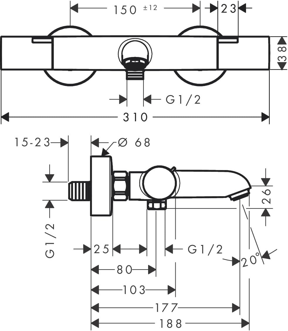 hansgrohe Ecostat Fine - Badthermostaat opbouw, Badkraan met veiligheidsblokkering (SafetyStop) bij 40° C, thermostaat voor de badkuip, mengkraan voor 2 functies, chroom, 13325000