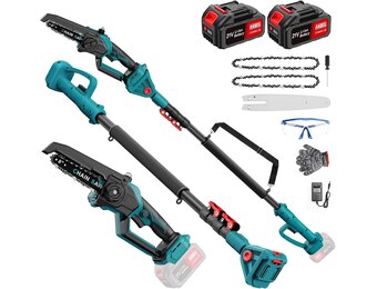 ANBULL Kettingzaag op stang 8 inch, draadloze elektrische takkenschaar 21 V met borstelloze motor, 2 accu's 4,0 Ah, telescopische stang tot 2,97 m, 2-in-1 mini-kettingzaag voor het snoeien van de