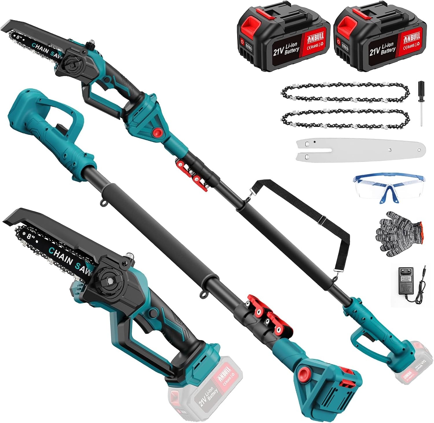 ANBULL Kettingzaag op stang 8 inch, draadloze elektrische takkenschaar 21 V met borstelloze motor, 2 accu's 4,0 Ah, telescopische stang tot 2,97 m, 2-in-1 mini-kettingzaag voor het snoeien van de