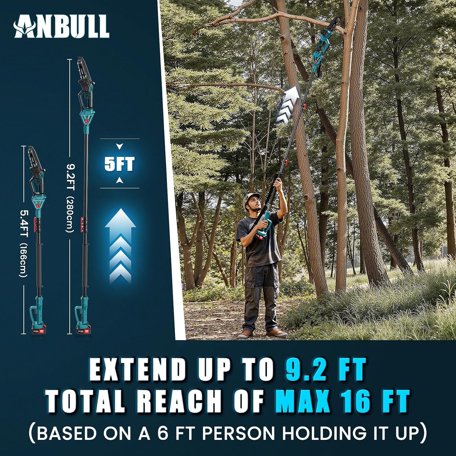 ANBULL Kettingzaag op stang 8 inch, draadloze elektrische takkenschaar 21 V met borstelloze motor, 2 accu's 4,0 Ah, telescopische stang tot 2,97 m, 2-in-1 mini-kettingzaag voor het snoeien van de