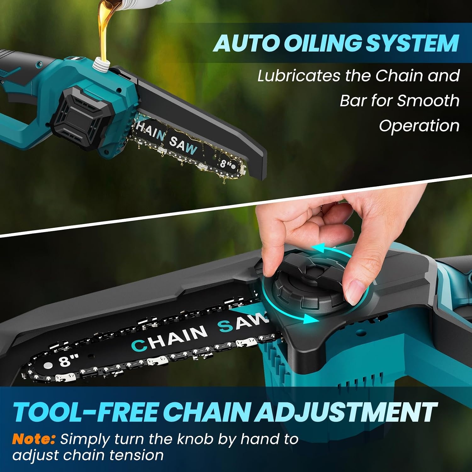 ANBULL Kettingzaag op stang 8 inch, draadloze elektrische takkenschaar 21 V met borstelloze motor, 2 accu's 4,0 Ah, telescopische stang tot 2,97 m, 2-in-1 mini-kettingzaag voor het snoeien van de