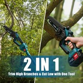 ANBULL Kettingzaag op stang 8 inch, draadloze elektrische takkenschaar 21 V met borstelloze motor, 2 accu's 4,0 Ah, telescopische stang tot 2,97 m, 2-in-1 mini-kettingzaag voor het snoeien van de