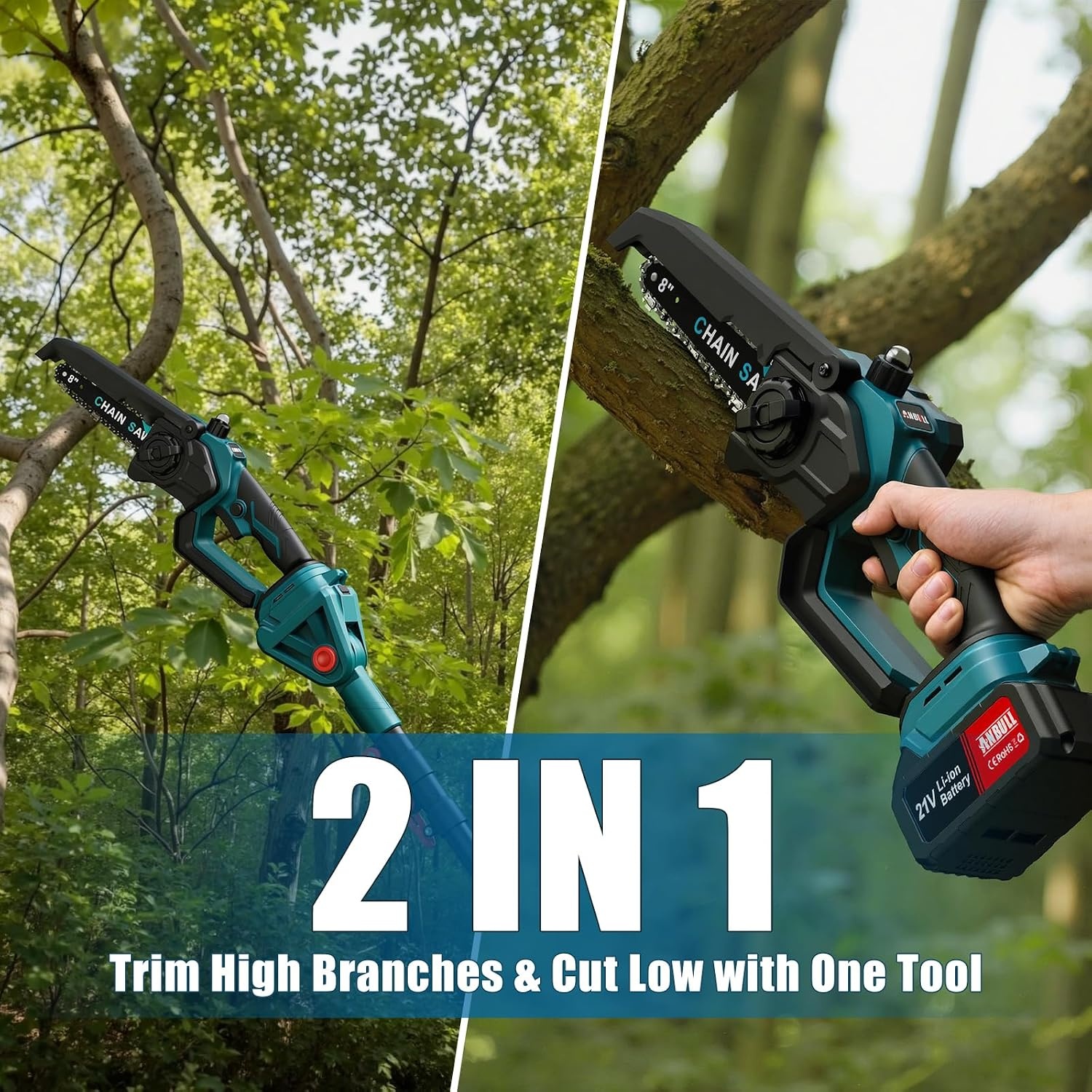 ANBULL Kettingzaag op stang 8 inch, draadloze elektrische takkenschaar 21 V met borstelloze motor, 2 accu's 4,0 Ah, telescopische stang tot 2,97 m, 2-in-1 mini-kettingzaag voor het snoeien van de