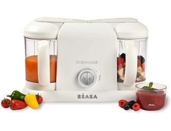BÉABA, Babycook Duo Robot, babyfoodprocessor 4 in 1, snelle stoomkoker 15 min, gevarieerde voeding, huisgemaakte potjes babyvoeding, Inhoud XXL 2200 ml, Wit/Zilver