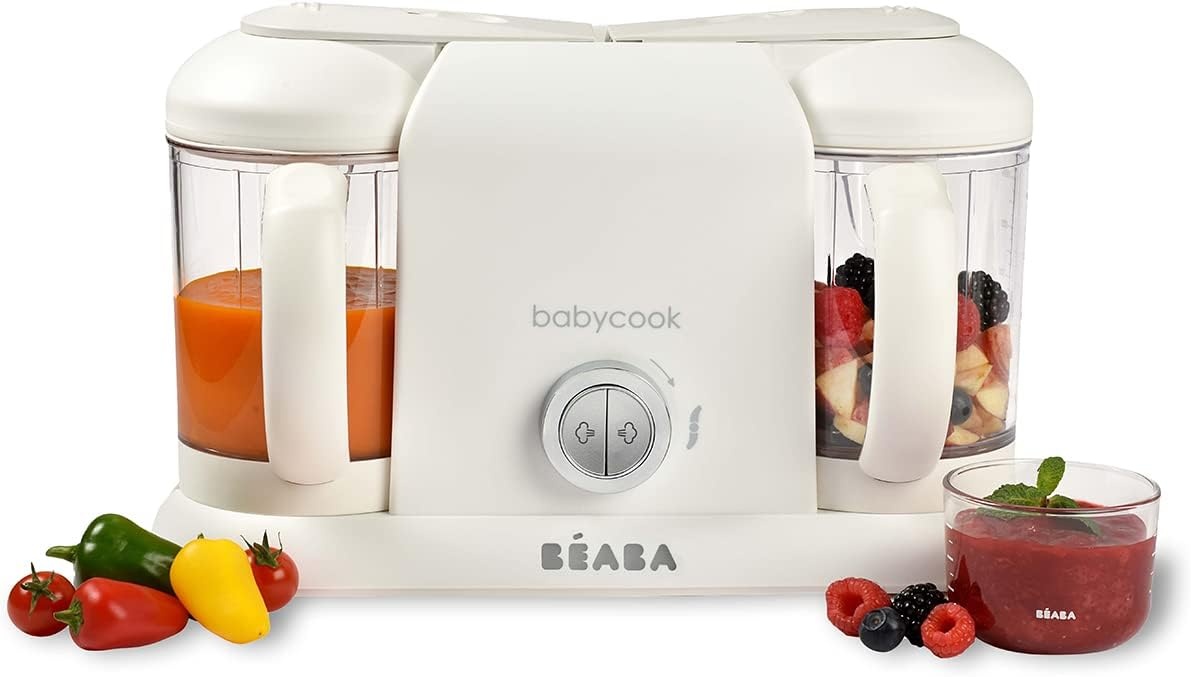 BÉABA, Babycook Duo Robot, babyfoodprocessor 4 in 1, snelle stoomkoker 15 min, gevarieerde voeding, huisgemaakte potjes babyvoeding, Inhoud XXL 2200 ml, Wit/Zilver