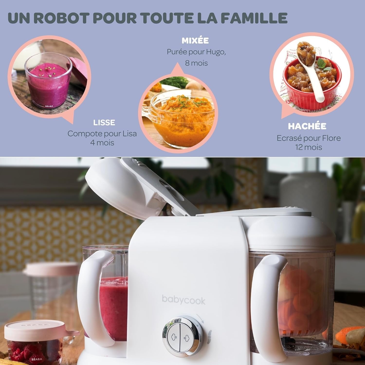 BÉABA, Babycook Duo Robot, babyfoodprocessor 4 in 1, snelle stoomkoker 15 min, gevarieerde voeding, huisgemaakte potjes babyvoeding, Inhoud XXL 2200 ml, Wit/Zilver