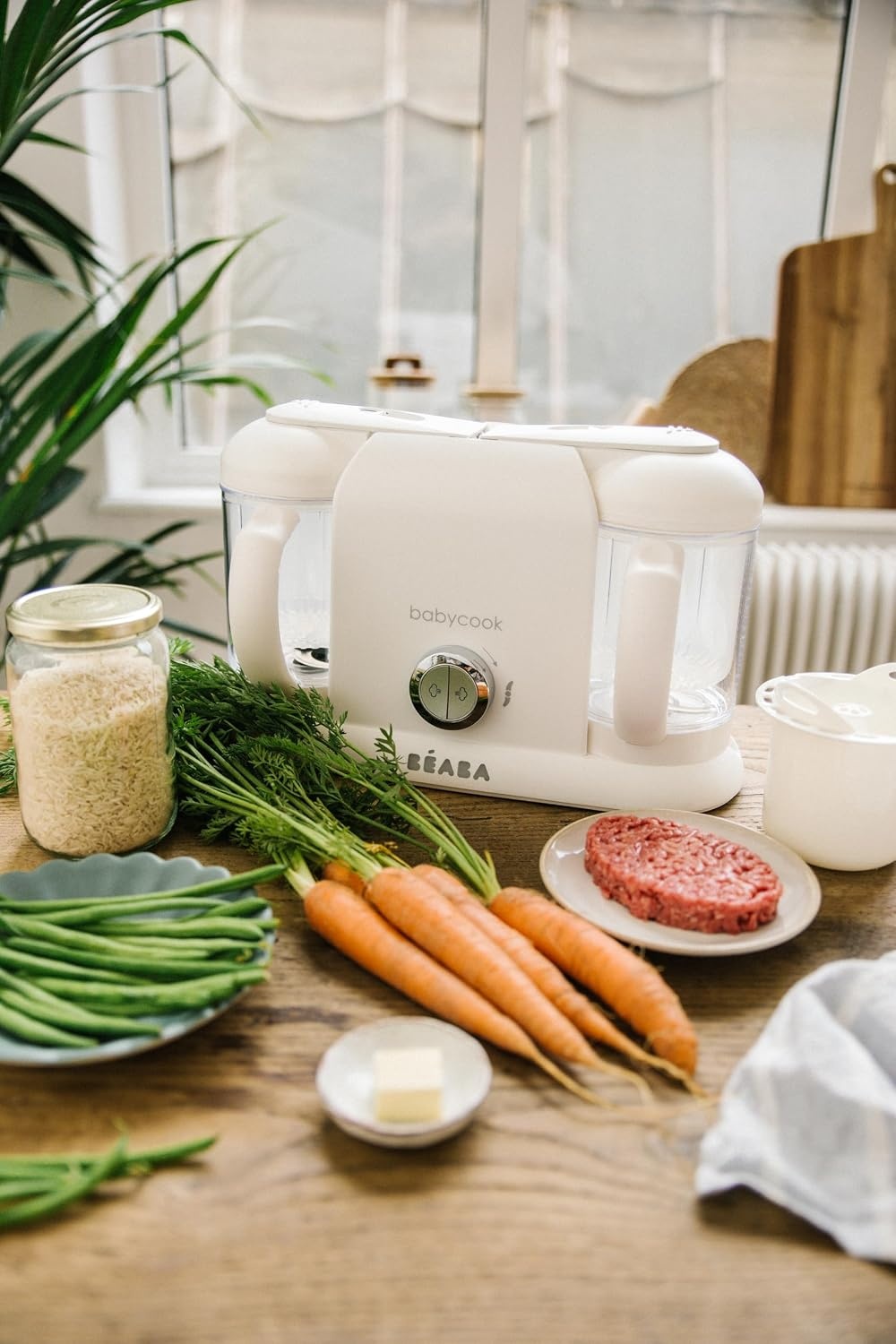BÉABA, Babycook Duo Robot, babyfoodprocessor 4 in 1, snelle stoomkoker 15 min, gevarieerde voeding, huisgemaakte potjes babyvoeding, Inhoud XXL 2200 ml, Wit/Zilver