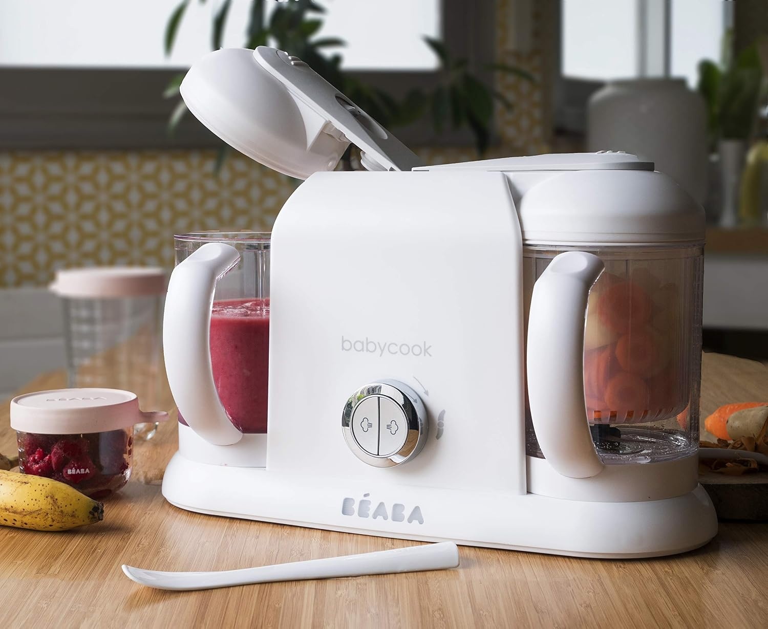 BÉABA, Babycook Duo Robot, babyfoodprocessor 4 in 1, snelle stoomkoker 15 min, gevarieerde voeding, huisgemaakte potjes babyvoeding, Inhoud XXL 2200 ml, Wit/Zilver