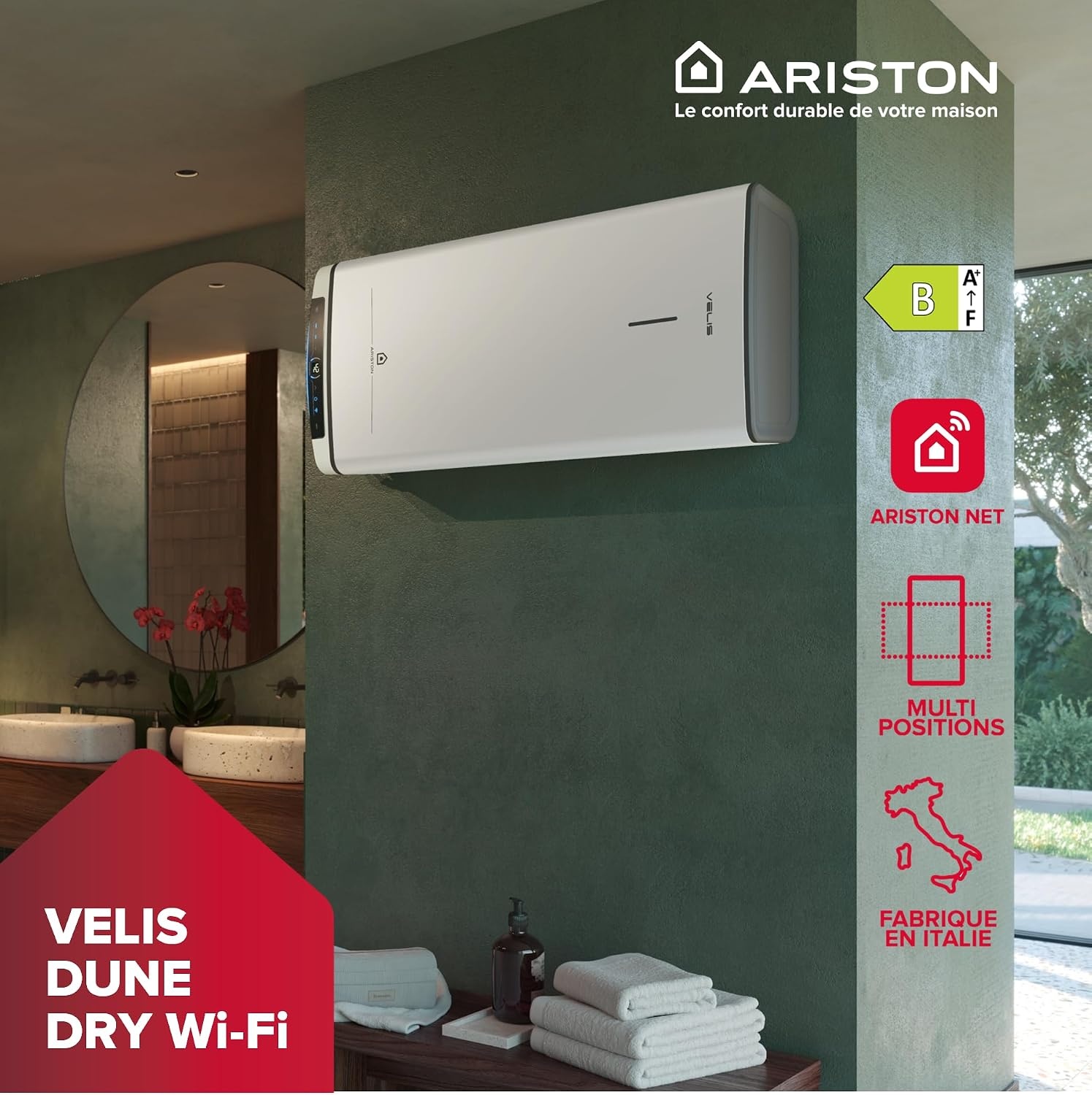Ariston Velis Evo Dune Dry WiFi Boiler 80 Liter - Wit, Ultra-plat