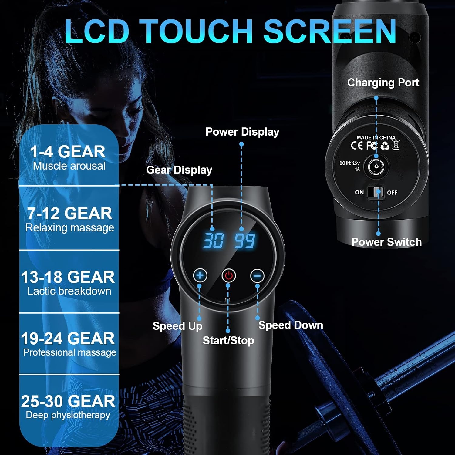 Massagepistool, spierpercussie-massageapparaat met 30 snelheden, stil handmassageapparaat, massagepistool met LCD-touchscreen, 10 koppen, massagepistool voor schouder, lichaam, rug, ontspanning
