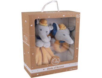 DODO D'AMOUR - Set van vierkante knuffel en rammelaar - Olifant - 027191 - Mosterd - Fleece - Geboorte - Knuffel - Baby - Geruststellend - Zacht - Wasbaar - 29 cm x 22 cm - Vanaf 0 maanden.
