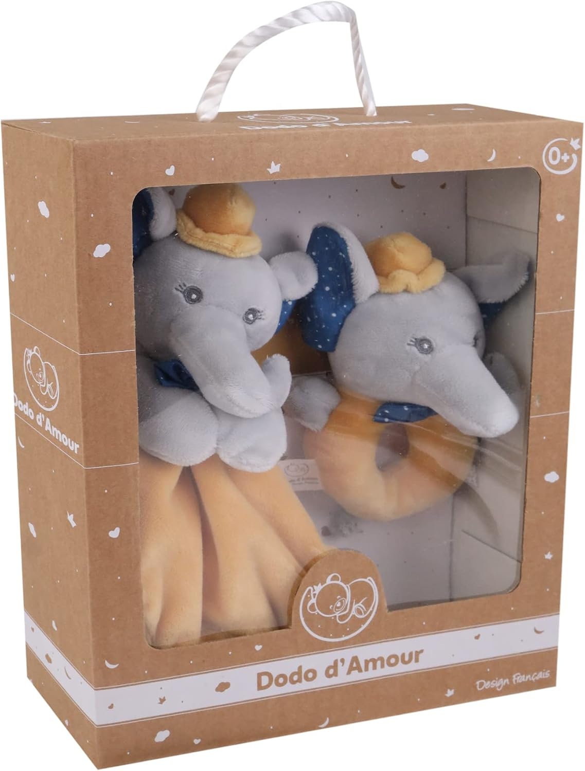 DODO D'AMOUR - Set van vierkante knuffel en rammelaar - Olifant - 027191 - Mosterd - Fleece - Geboorte - Knuffel - Baby - Geruststellend - Zacht - Wasbaar - 29 cm x 22 cm - Vanaf 0 maanden.