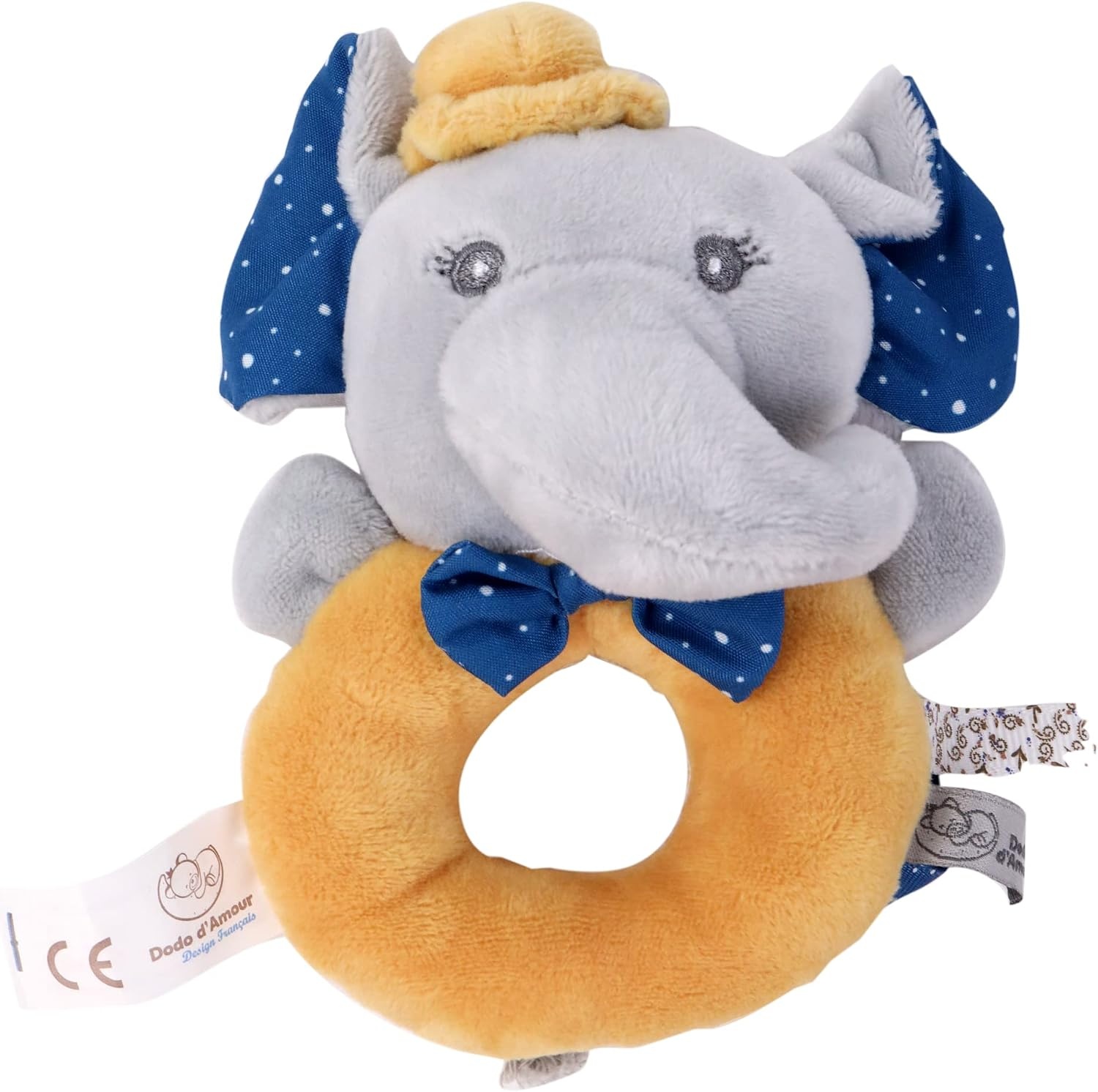 DODO D'AMOUR - Set van vierkante knuffel en rammelaar - Olifant - 027191 - Mosterd - Fleece - Geboorte - Knuffel - Baby - Geruststellend - Zacht - Wasbaar - 29 cm x 22 cm - Vanaf 0 maanden.