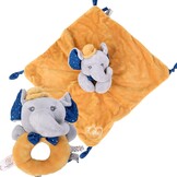 DODO D'AMOUR - Set van vierkante knuffel en rammelaar - Olifant - 027191 - Mosterd - Fleece - Geboorte - Knuffel - Baby - Geruststellend - Zacht - Wasbaar - 29 cm x 22 cm - Vanaf 0 maanden.