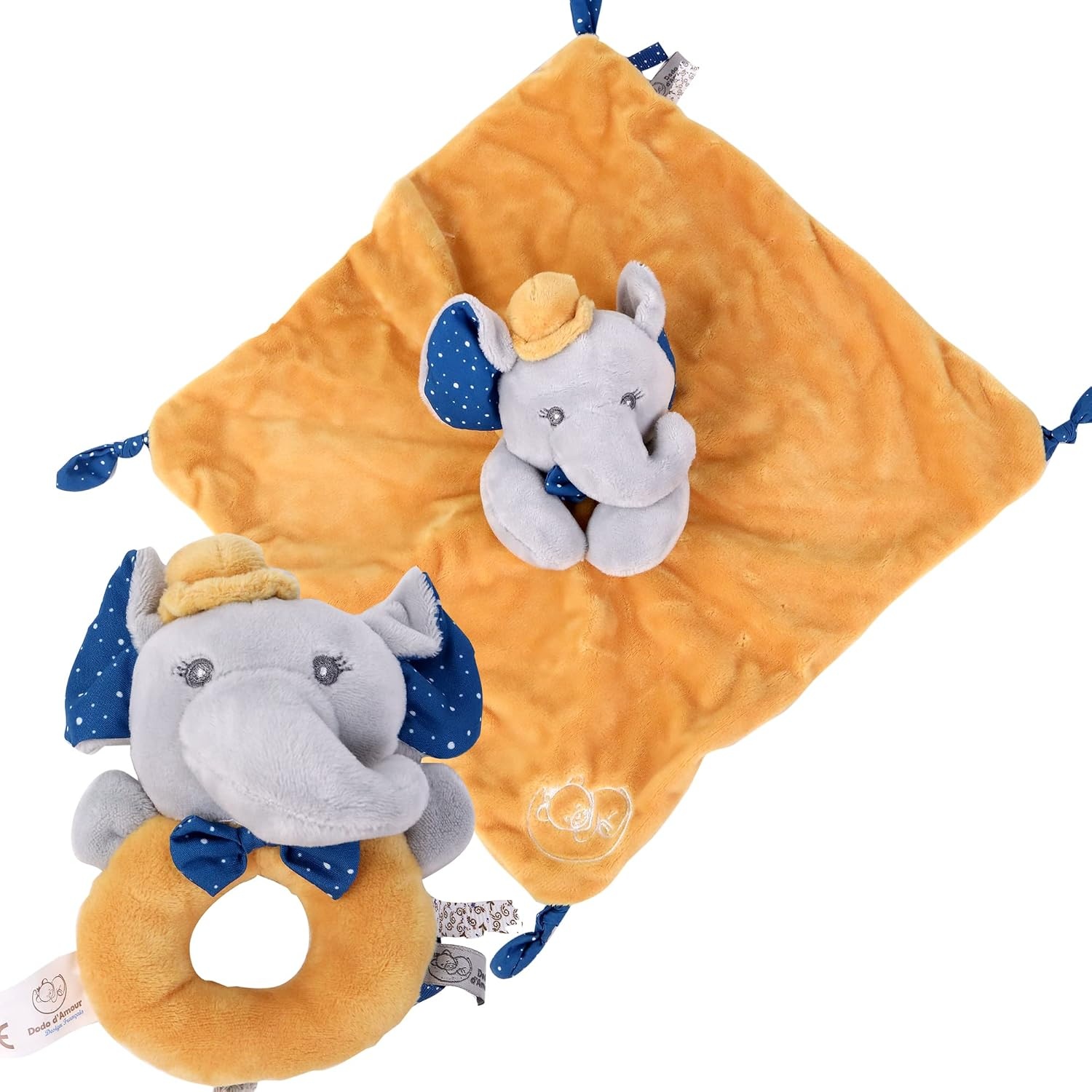 DODO D'AMOUR - Set van vierkante knuffel en rammelaar - Olifant - 027191 - Mosterd - Fleece - Geboorte - Knuffel - Baby - Geruststellend - Zacht - Wasbaar - 29 cm x 22 cm - Vanaf 0 maanden.
