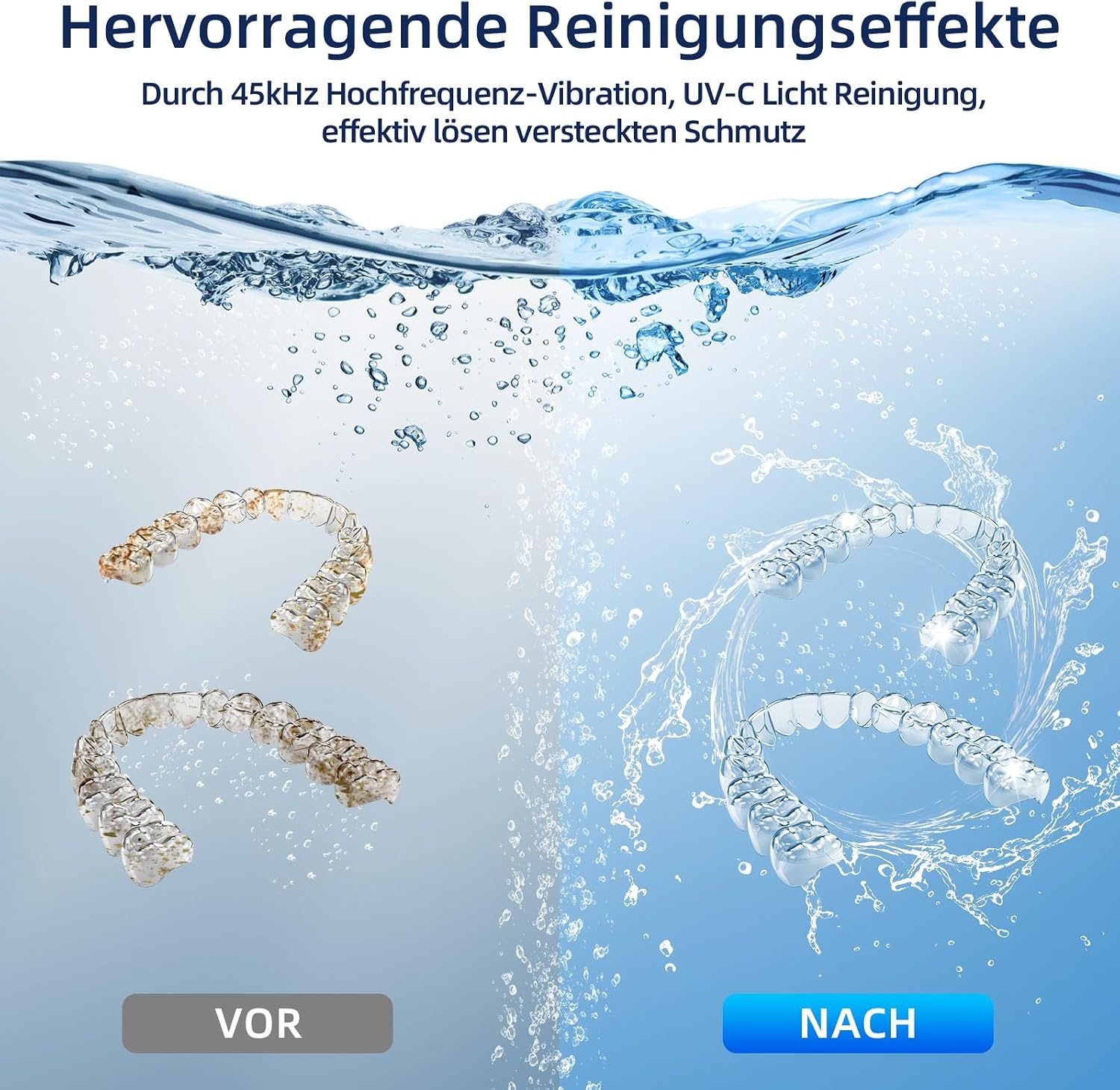 Ultrasoon reinigingsapparaat, 45 kHz houderreiniger, 4 modi, ultrasone reiniger voor kunstgebitten, retiner, aligner, prothesen, tandenborstelkop, sieraden