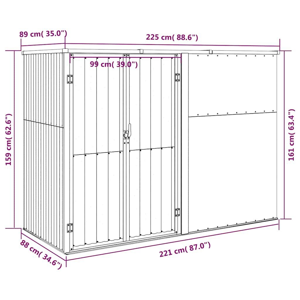 vidaXL Tuinschuur 225x89x161 cm gegalvaniseerd staal grijs