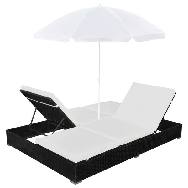 vidaXL Loungebed met parasol poly rattan zwart