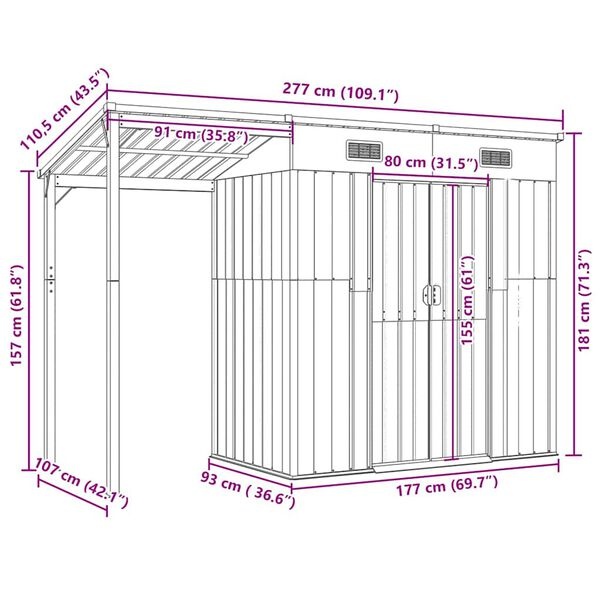 vidaXL Tuinschuur met verlengd dak 277x110,5x181 cm staal lichtbruin