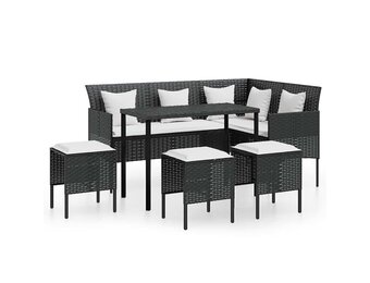 vidaXL 5-delige Loungeset met kussens L-vormig poly rattan zwart