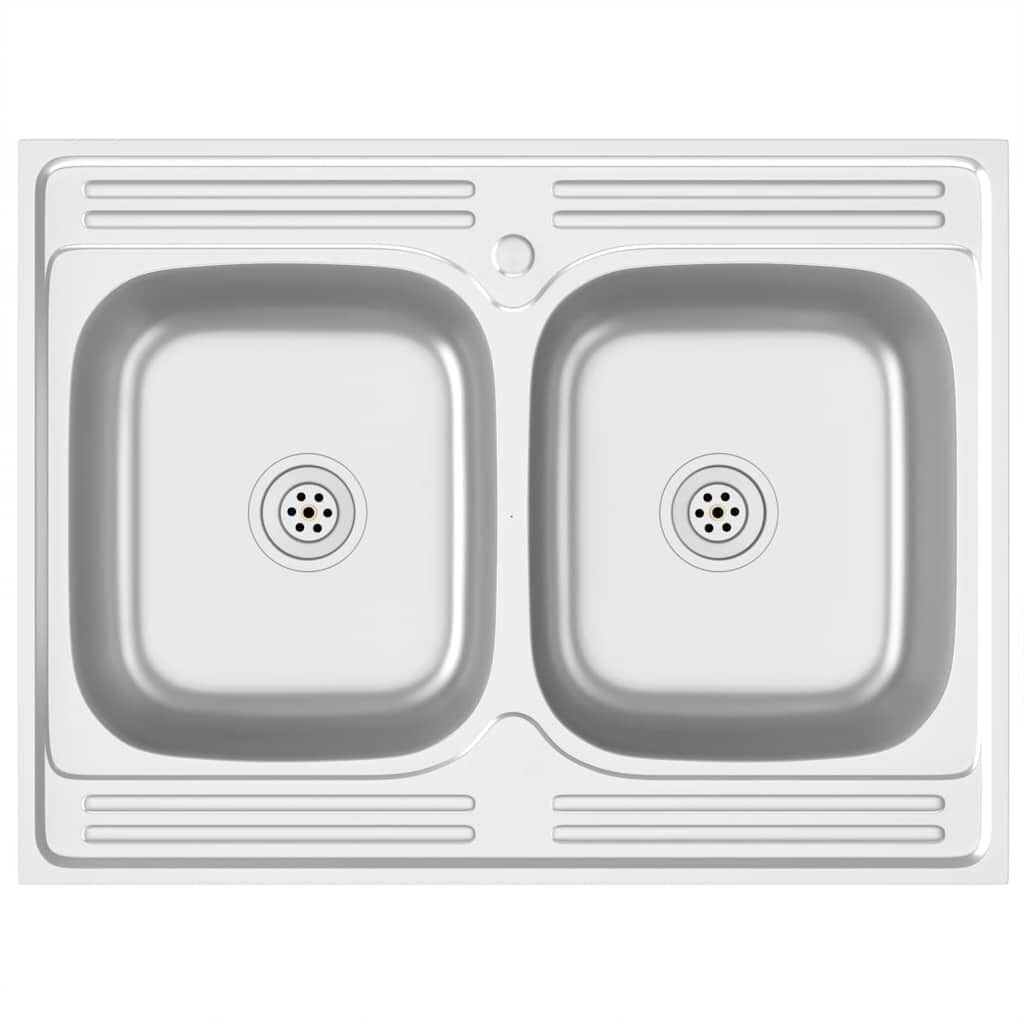 vidaXL Gootsteen met dubbele bak 800x600x155 mm roestvrij staal zilver