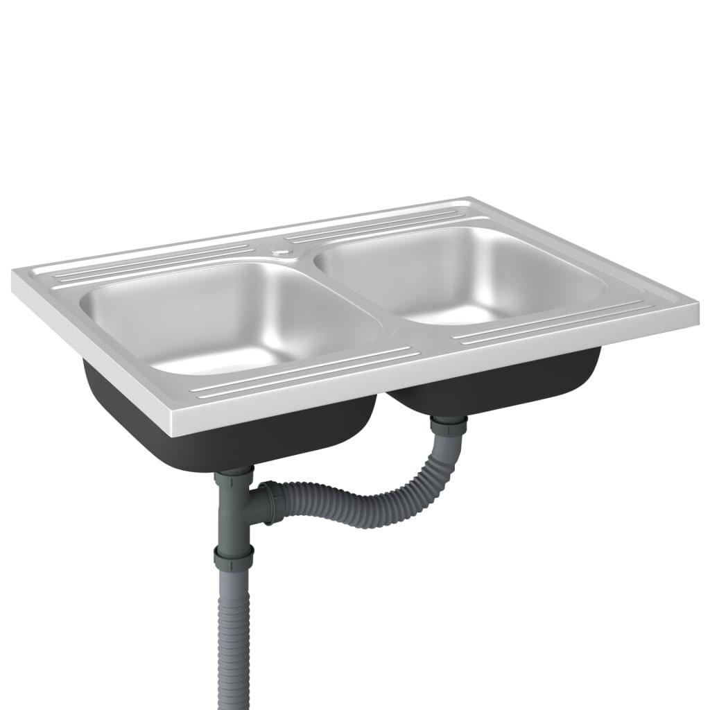 vidaXL Gootsteen met dubbele bak 800x600x155 mm roestvrij staal zilver