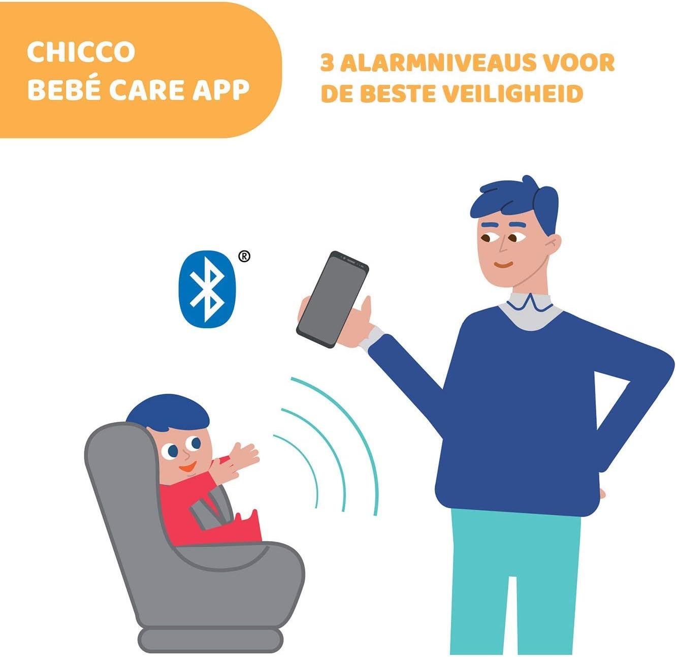 Chicco - Universeel Waarschuwingssysteem - Bevestiging op Autostoeltje - Anti-Verlatingssysteem - Bluetooth - 3 Alarmniveaus
