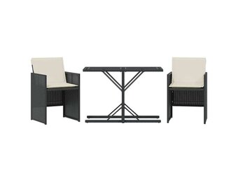vidaXL Bistroset Poly Rattan Zwart - 3-Delig met Kussens (54% Korting)