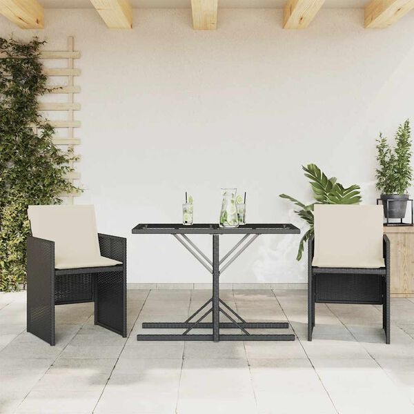 vidaXL Bistroset Poly Rattan Zwart - 3-Delig met Kussens (54% Korting)