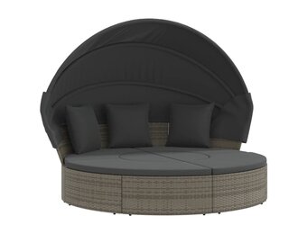 VidaXL Loungebed met Luifel en Kussens, Poly Rattan Grijs - 55% Korting!