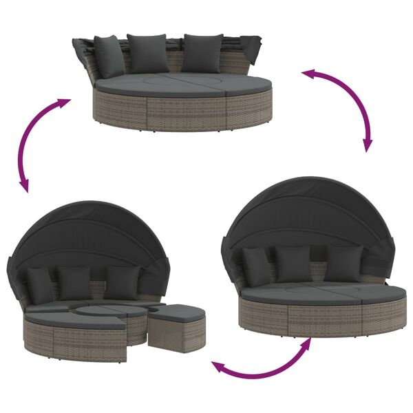 VidaXL Loungebed met Luifel en Kussens, Poly Rattan Grijs - 55% Korting!