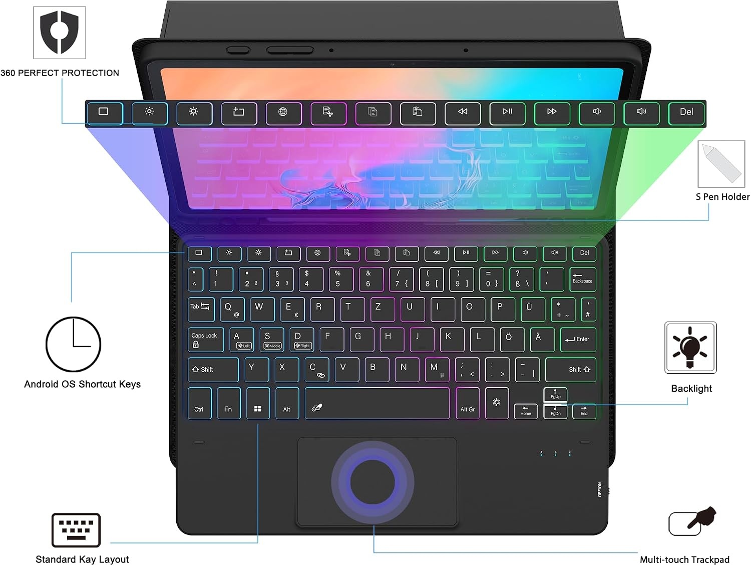 Toetsenbordhoes Samsung Galaxy Tab S9 11 inch met Trackpad, Verlichting, QWERTZ, S Pen Houder, Magnetisch, Afneembaar & Verstelbare Standaard