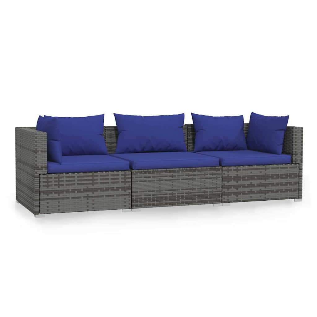 vidaXL Tuinbank 3-zits met kussens poly rattan grijs