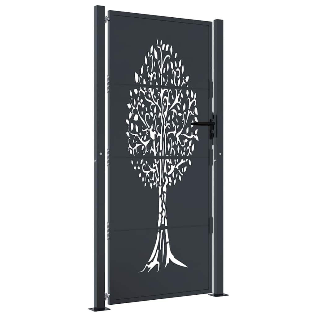 Antraciet stalen tuispoort 105x205 cm met boomontwerp - 55% korting