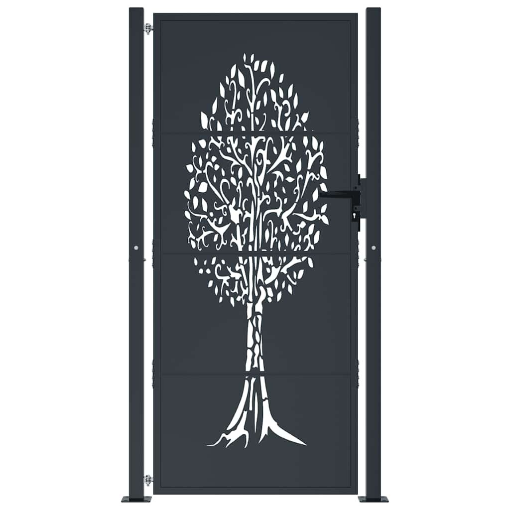 Antraciet stalen tuispoort 105x205 cm met boomontwerp - 55% korting