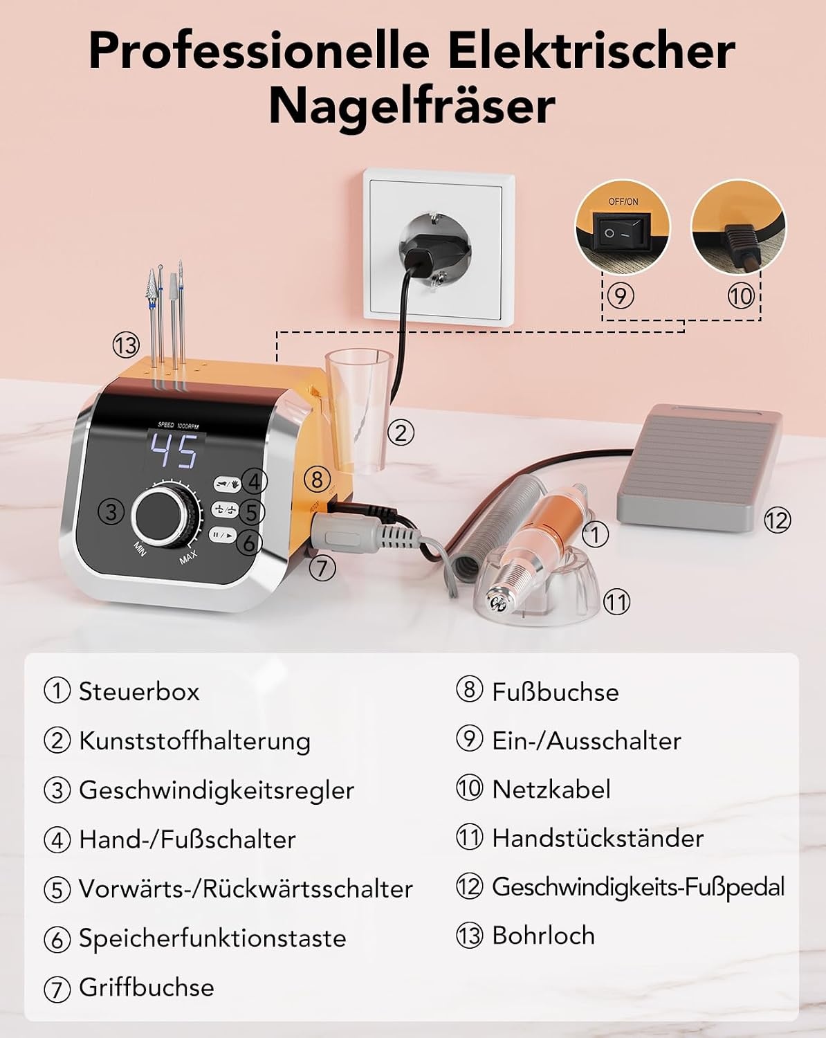 Nagelfrees 45.000 RPM Oranje met LCD & Voetpedaal - 33% Korting