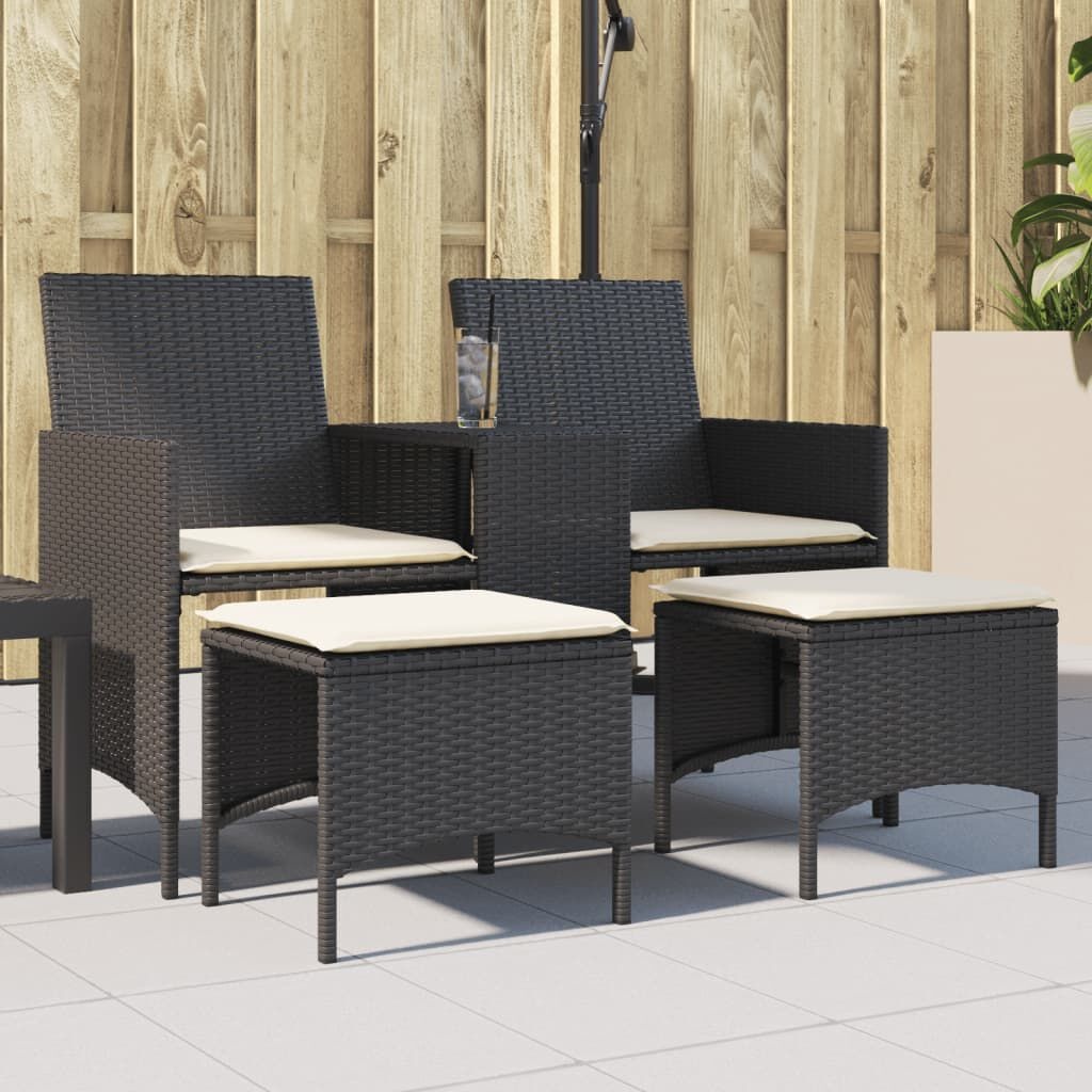 vidaXL Tuinbank 2-zits met tafel en voetenbanken poly rattan zwart