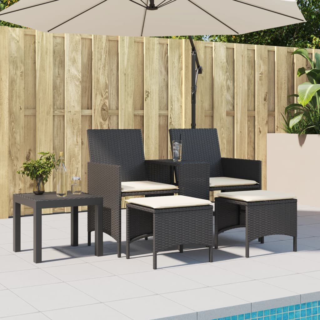 vidaXL Tuinbank 2-zits met tafel en voetenbanken poly rattan zwart