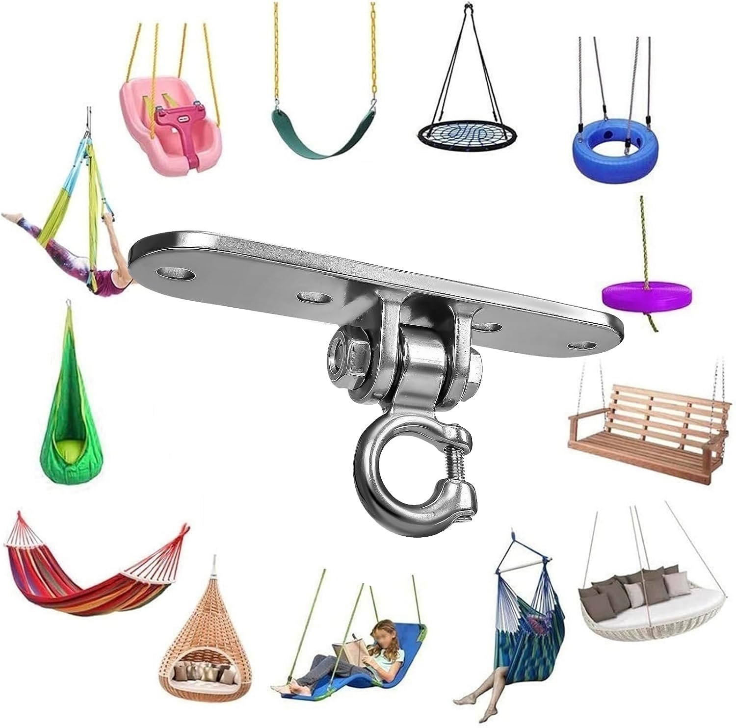 Schommelhaak, draagkracht 360 kg, 180 graden schommel, 304 roestvrij staal, plafondhaak, robuuste haak, plafondophangingen, geschikt voor houten balken, speelplaatsen, hangmatten, hangmatten