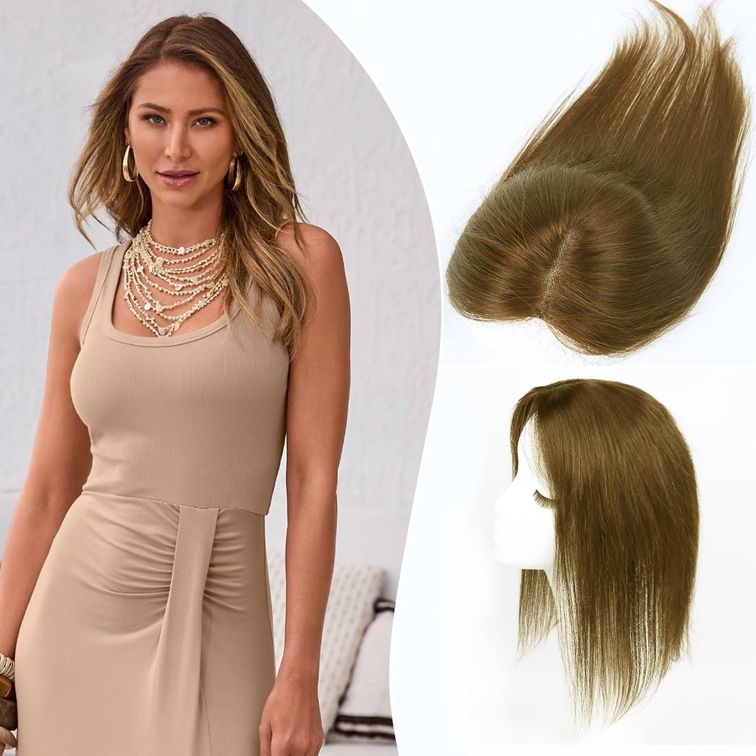 Haarstukjes voor vrouwen, echt mensenhaar, 30 cm, 360°, haarstukje van mensenhaar voor vrouwen, met dunner wordend haar, realistische hoofdhuid om vast te klikken, glad haar (lichtbruin #6, pony aan