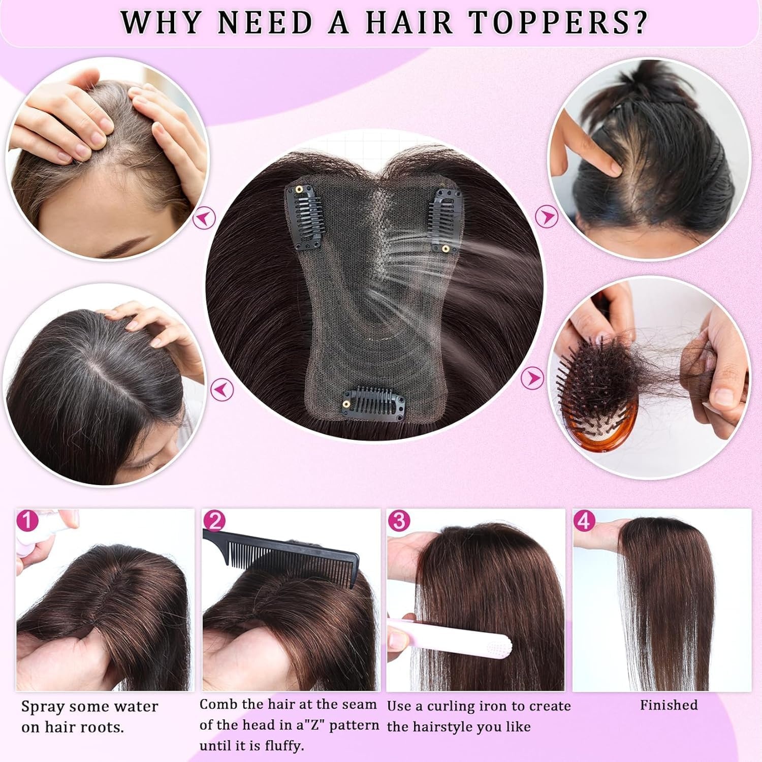 Haarstukjes voor vrouwen, echt mensenhaar, 30 cm, 360°, haarstukje van mensenhaar voor vrouwen, met dunner wordend haar, realistische hoofdhuid om vast te klikken, glad haar (lichtbruin #6, pony aan