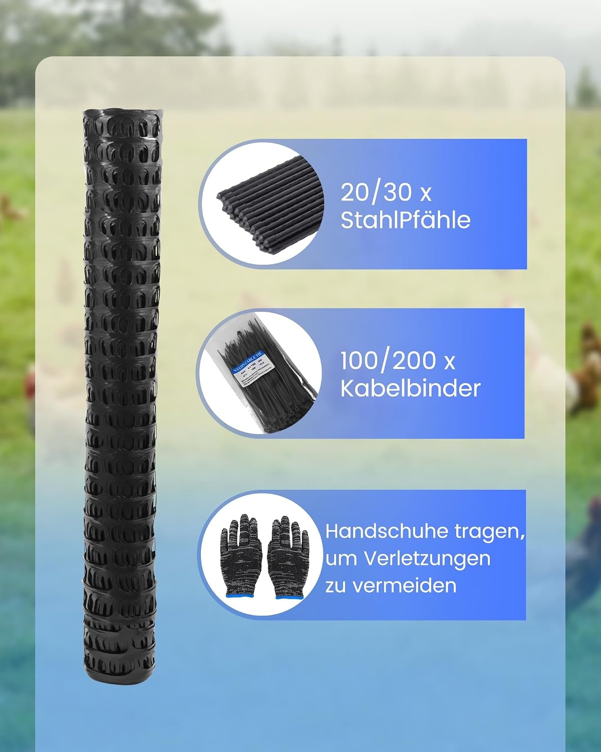 Kippenhek, 50 m, begrenzingshek, 100 cm hoog, mobiel kippenhek, weidehek, tuinhek voor buiten, met 30 x stalen palen, 200 x kabelbinders