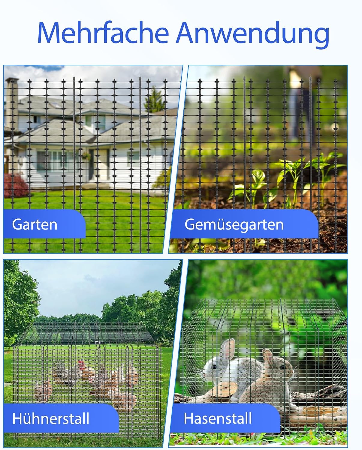 Kippenhek, 50 m, begrenzingshek, 100 cm hoog, mobiel kippenhek, weidehek, tuinhek voor buiten, met 30 x stalen palen, 200 x kabelbinders