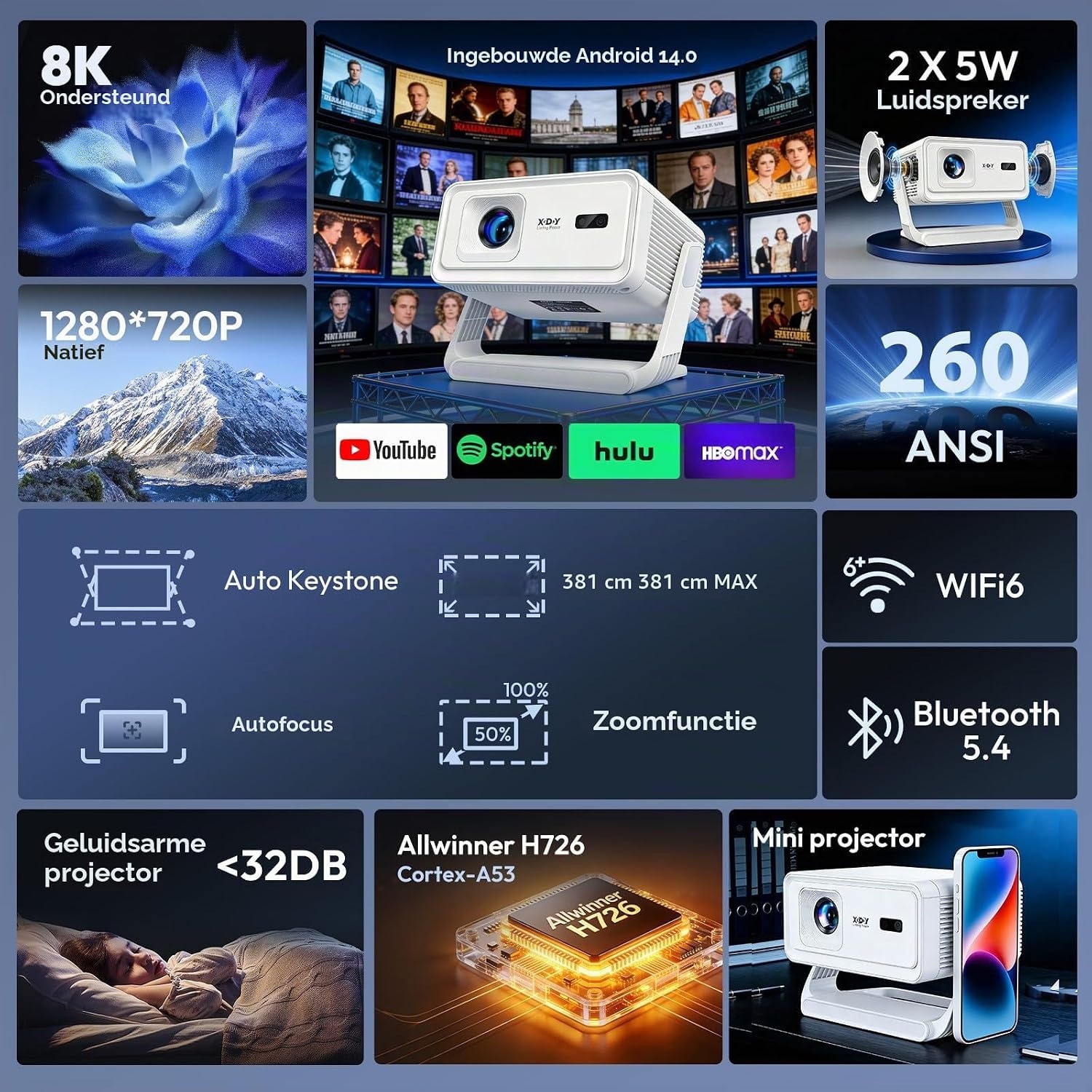 Thuisbioscoop Beamer | 1080P Full HD met 4K ondersteuning | Autofocus | 34% Korting