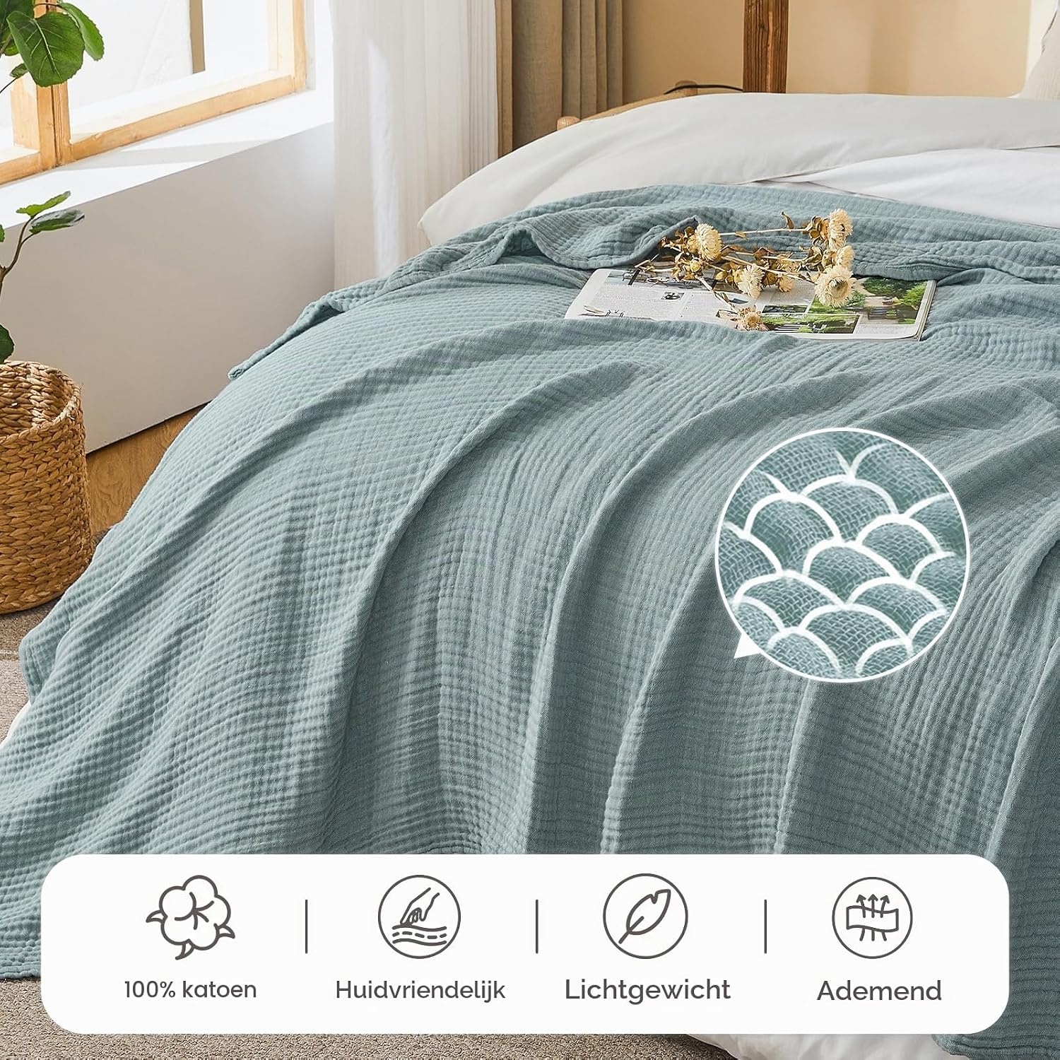 4-laags Mousseline Katoenen Deken Heather Teal 150x200 cm - 33% Korting