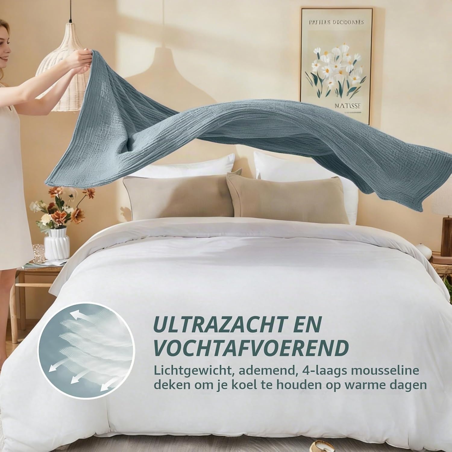 4-laags Mousseline Katoenen Deken Heather Teal 150x200 cm - 33% Korting