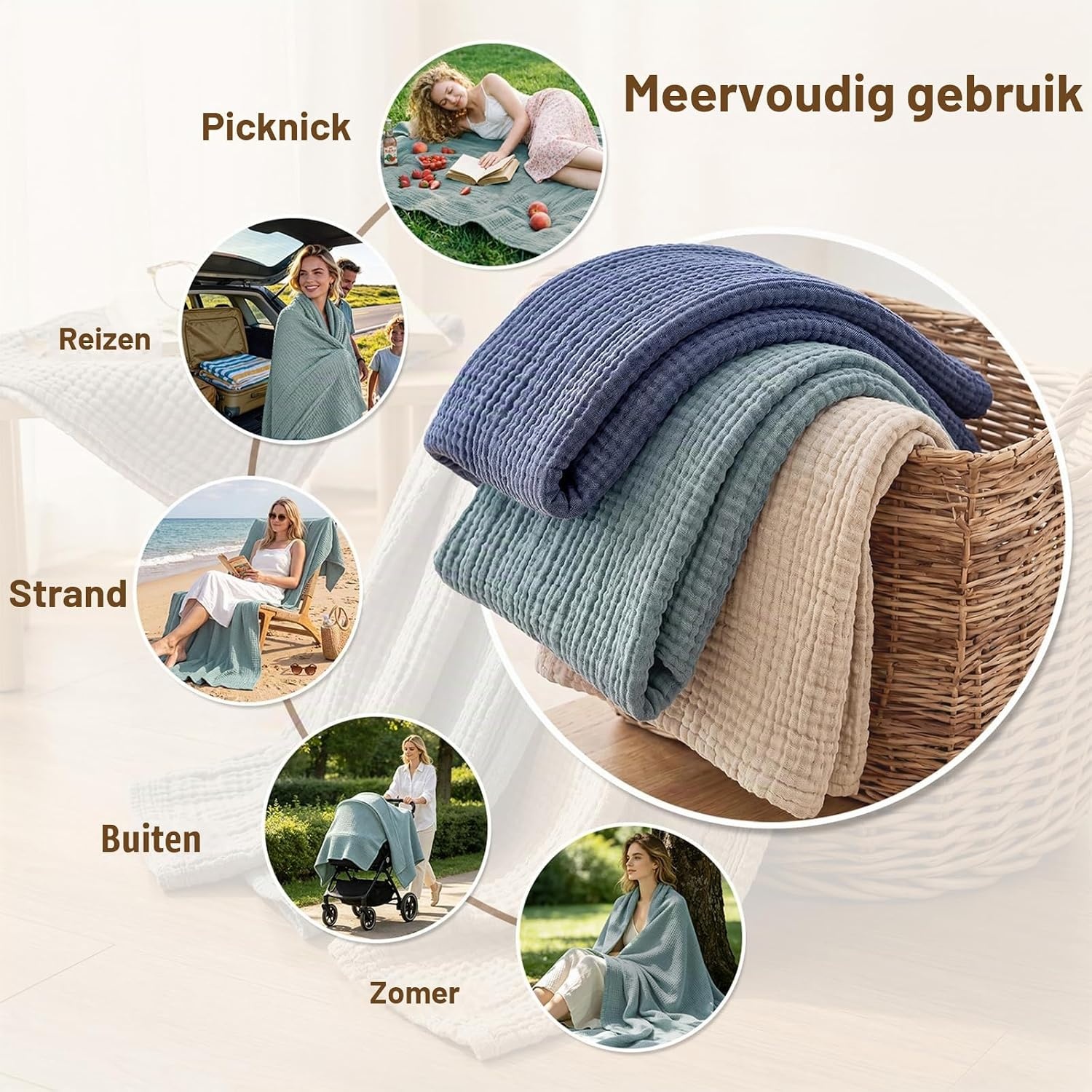 4-laags Mousseline Katoenen Deken Heather Teal 150x200 cm - 33% Korting