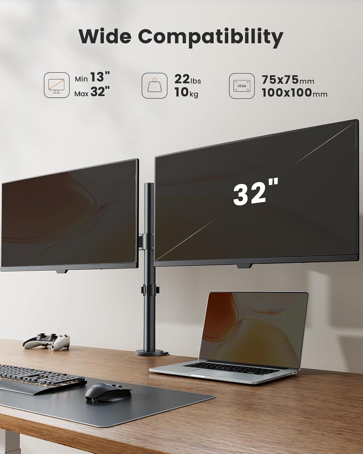 ErGear Dubbele Monitorarm voor 13" t/m 32" Schermen - Zwart