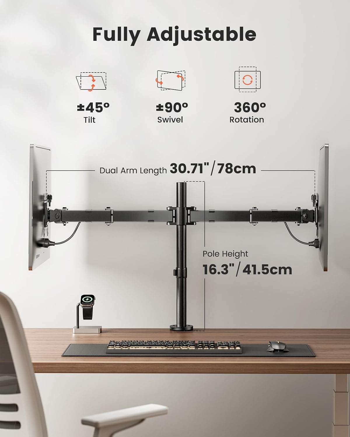 ErGear Dubbele Monitorarm voor 13" t/m 32" Schermen - Zwart
